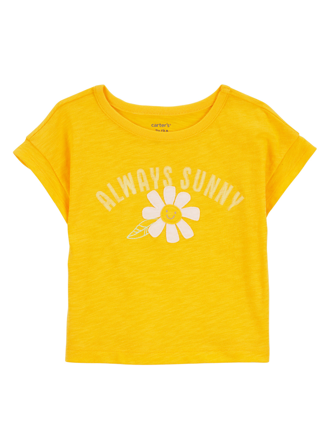 Playera amarilla de manga corta para Niño o Niña con estampado de flor blanca y texto Always Sunny.