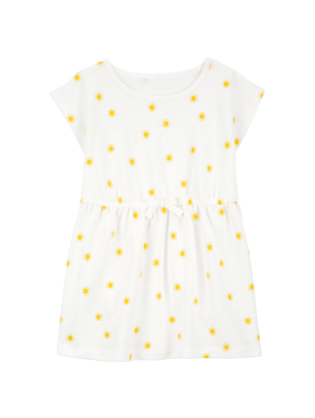Vestido color ivory para niña con estampado de pequeños soles amarillos y lazo en la cintura.
