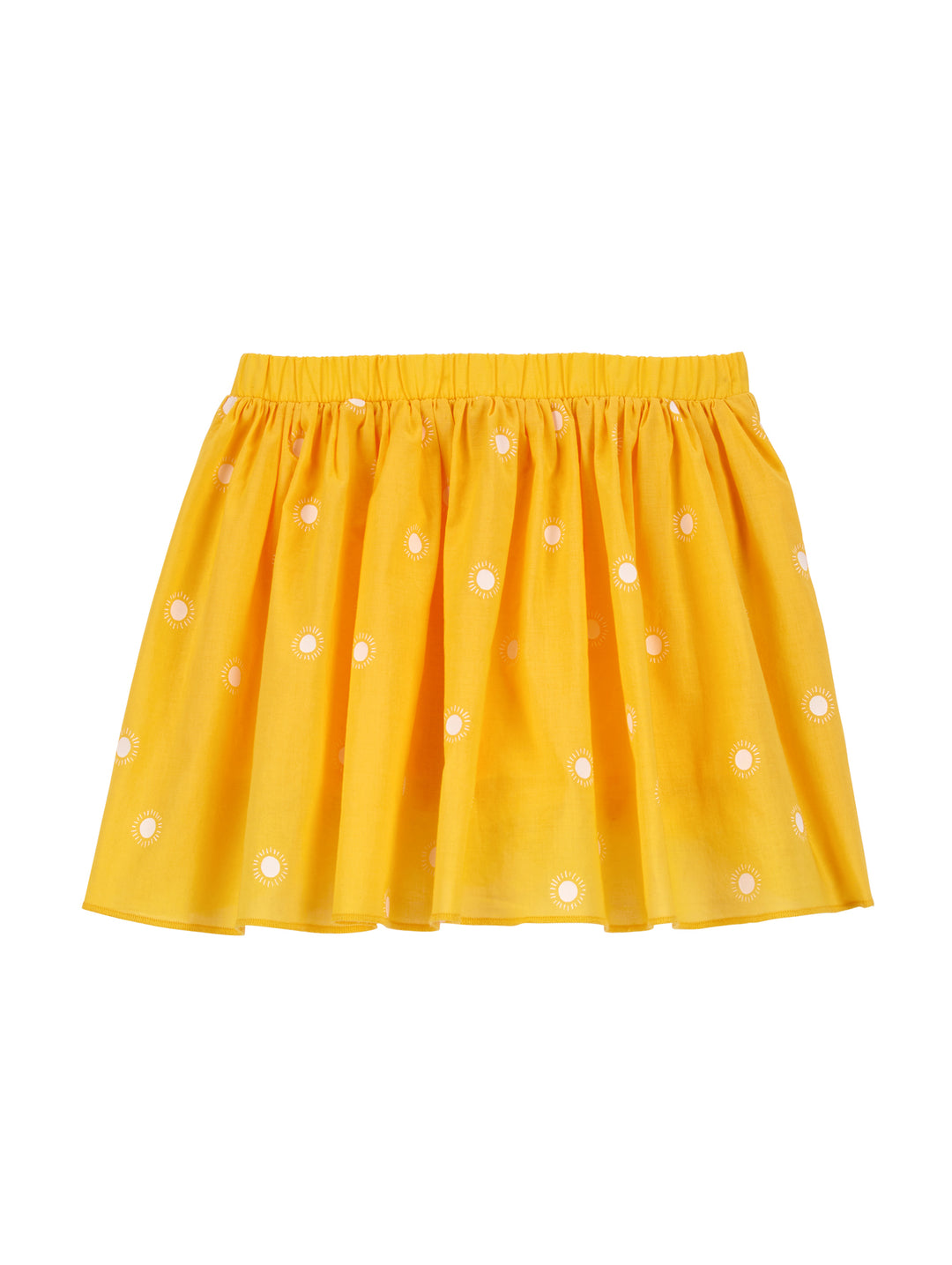 Falda amarilla para niña con estampado de pequeños soles blancos y cintura elástica.