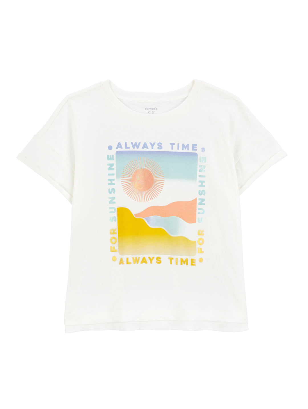 Playera color ivory con estampado colorido de un sol y paisaje con el texto &