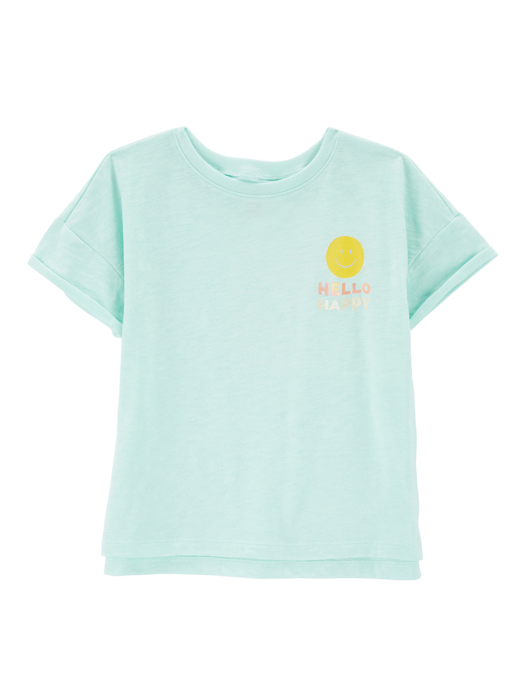 Playera azul claro de manga corta para niños con estampado de carita feliz y texto HELLO HAPPY.