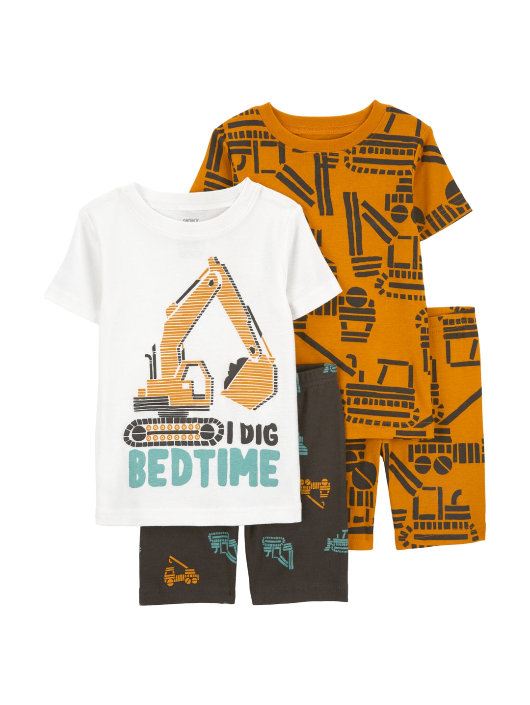 Set de pijama de 4 piezas para bebé con estampados de maquinaria de construcción en colores blanco, ladrillo y gris.