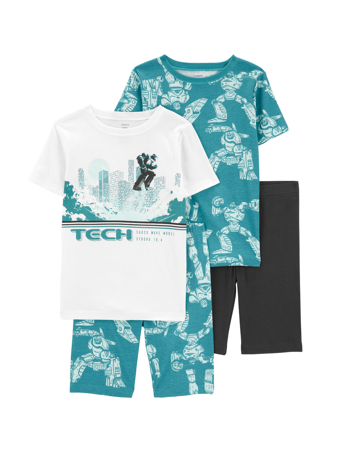 Conjunto de pijama para niño de 4 piezas con diseños de robots en colores azul, blanco y gris oscuro.