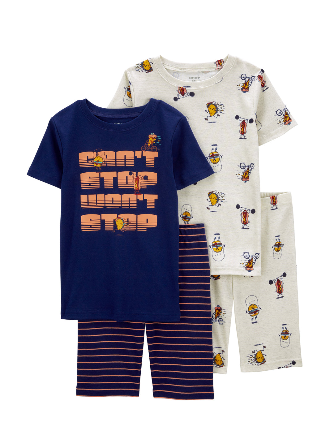 Set de dos pijamas para niño, una azul marino con rayas y otra gris con dibujos de comida.