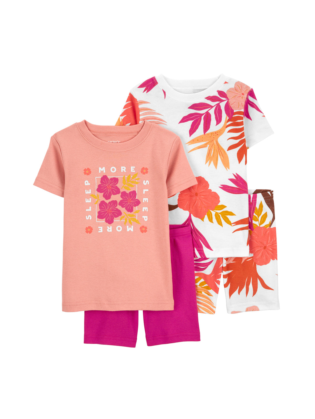 Set de pijama para niña de 4 piezas en colores rosa y blanco con diseños florales.