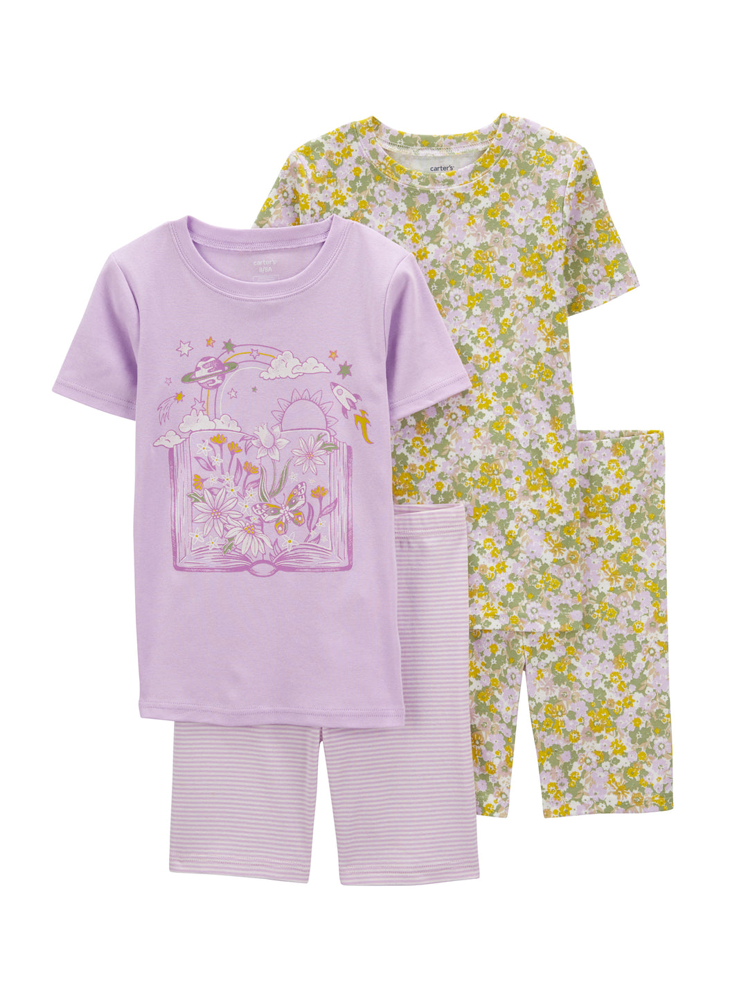 Set de dos pijamas para niña, una en color morado con dibujo y otra con estampado floral.