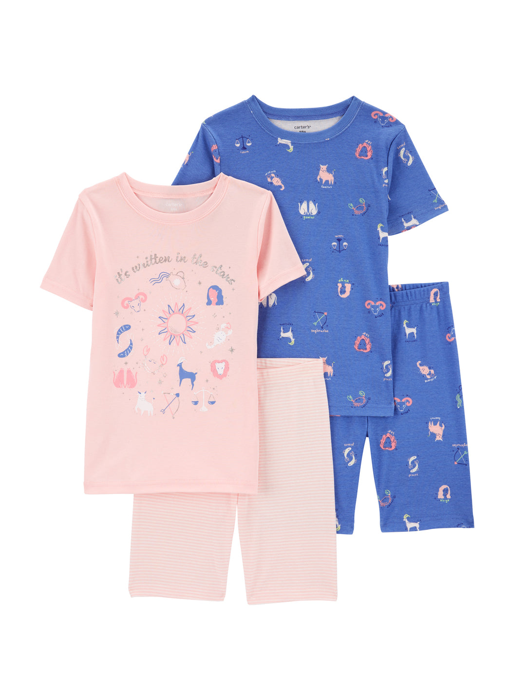 Set de pijama para niña de 4 piezas en colores rosa y azul con estampados de estrellas y zodiaco.