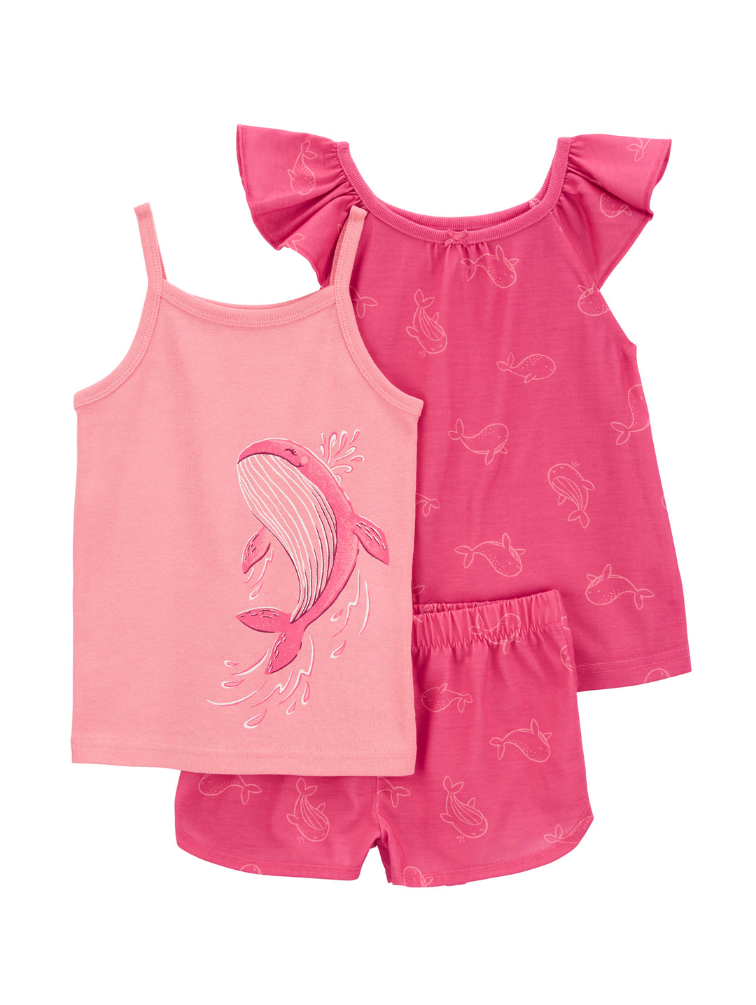 Conjunto de pijama rosa para niña de 3 piezas con diseños de ballenas.