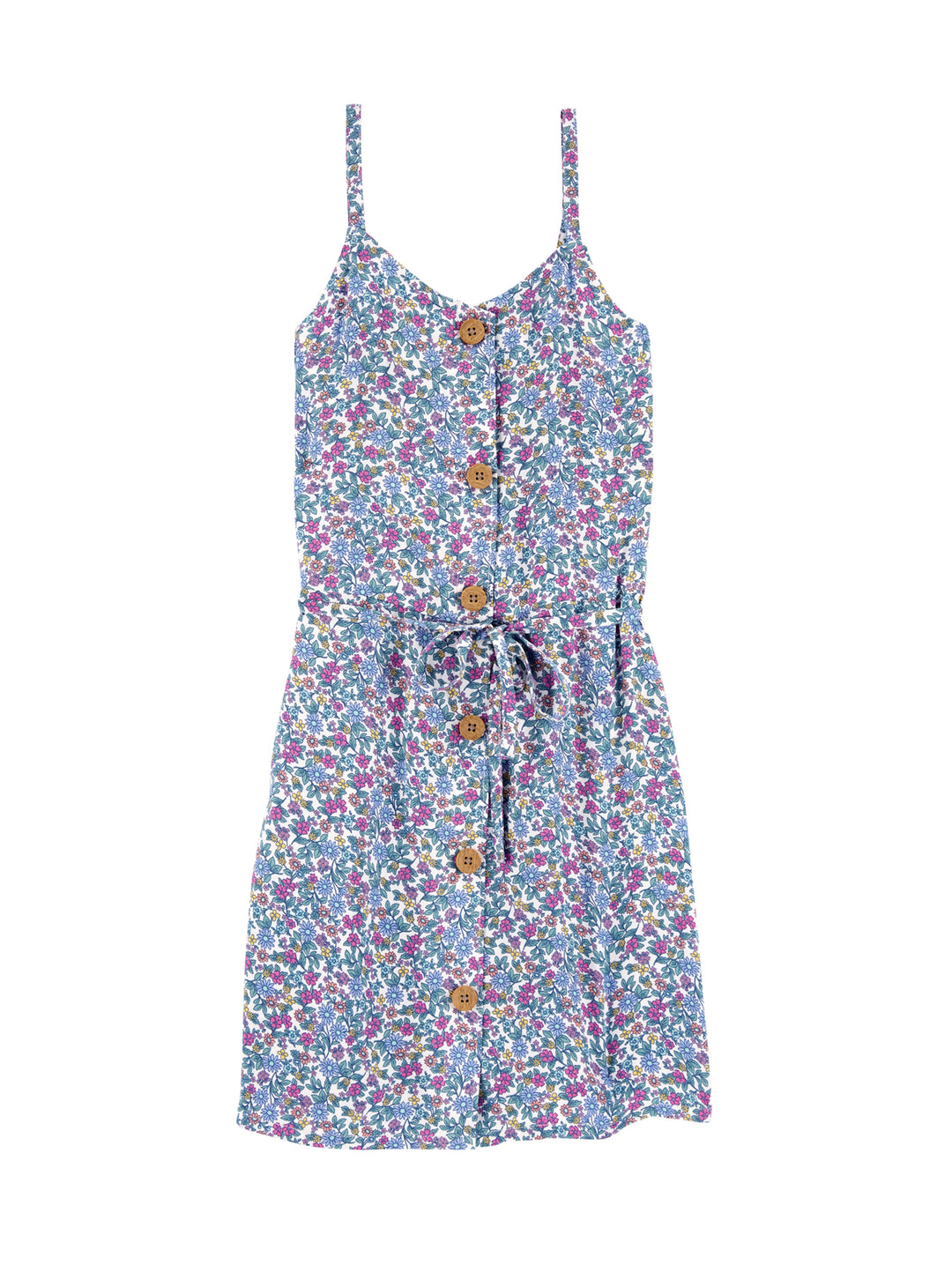Vestido para niña con estampado floral multicolor, tirantes y botones frontales.