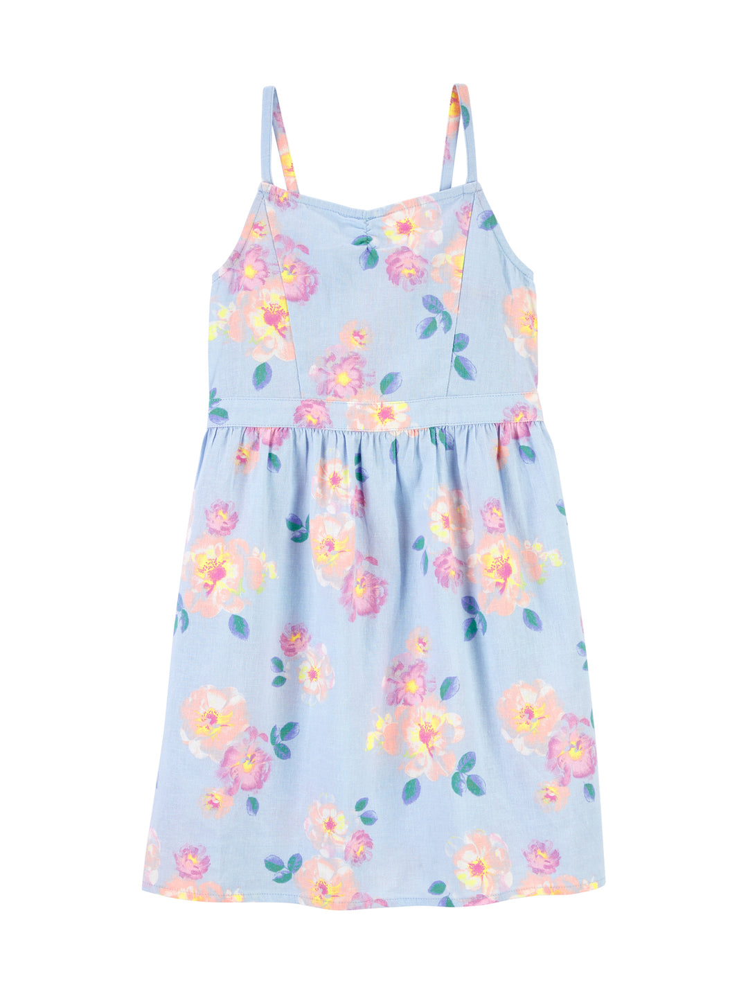 Vestido azul para niña con estampado floral en tonos rosa y amarillo y tirantes.