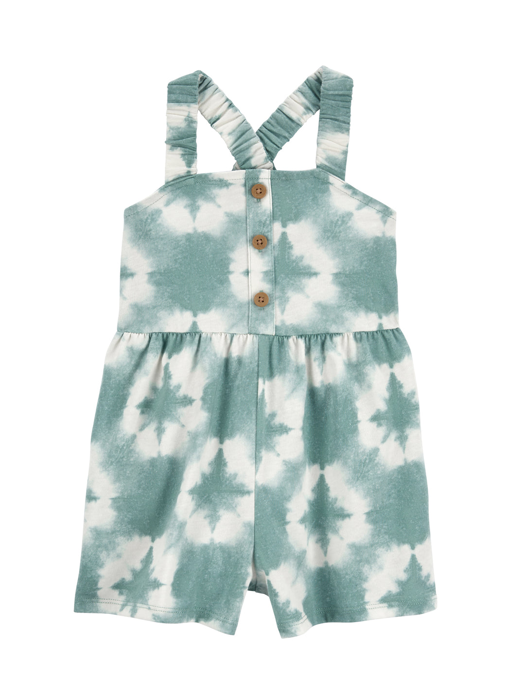 Jumpsuit corto para niño o niña de marca OshKosh en color verde con estampado tie-dye blanco y botones frontales.