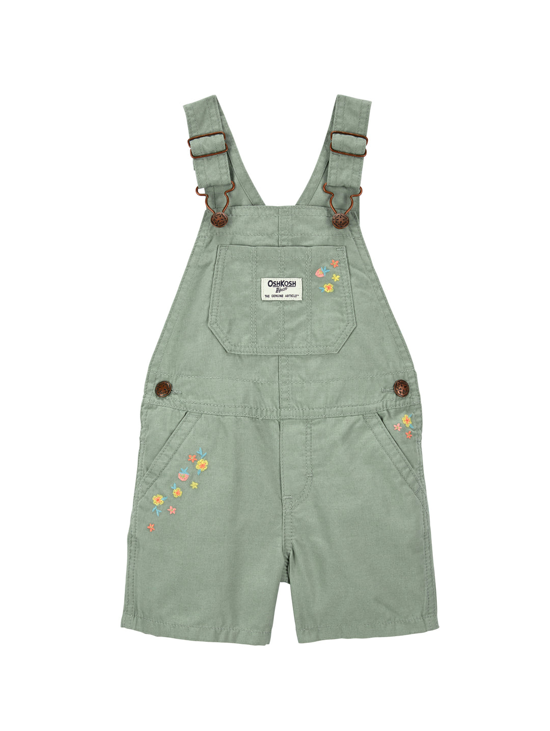 Overol corto color olivo para niño con detalles de flores bordadas y botones cafés.