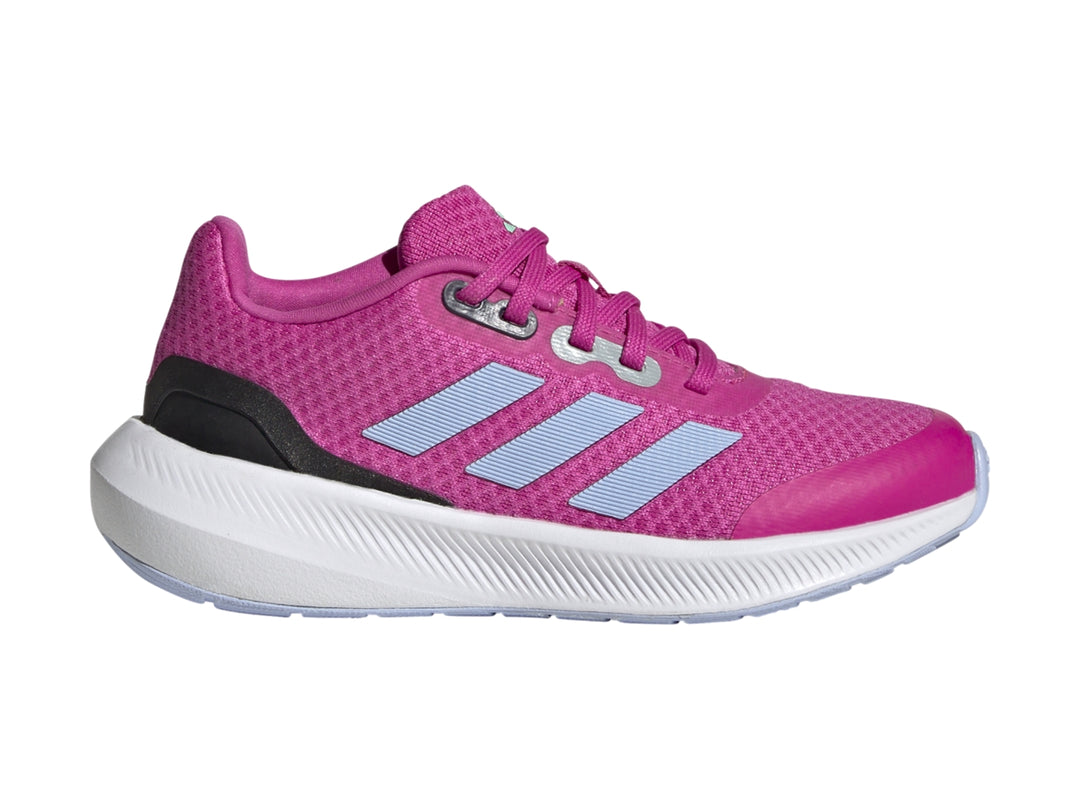 Tenis deportivos Adidas Runfalcon 3 color rosa con suela blanca y detalles en azul claro.