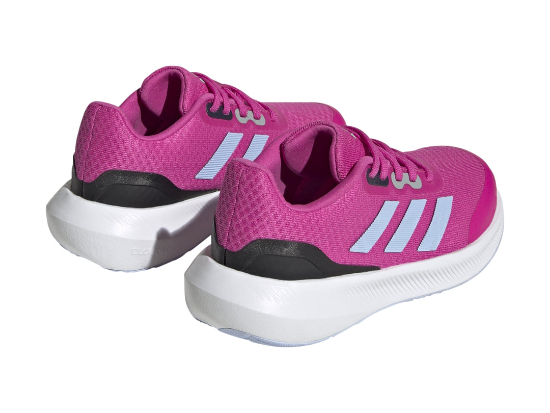 Tenis deportivos Adidas Runfalcon 3 color rosa con suela blanca y detalles en azul claro.