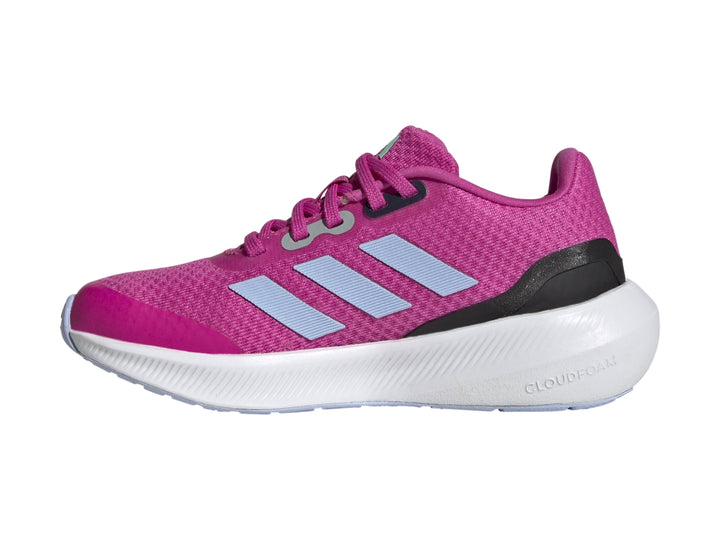 Tenis deportivos Adidas Runfalcon 3 color rosa con suela blanca y detalles en azul claro.