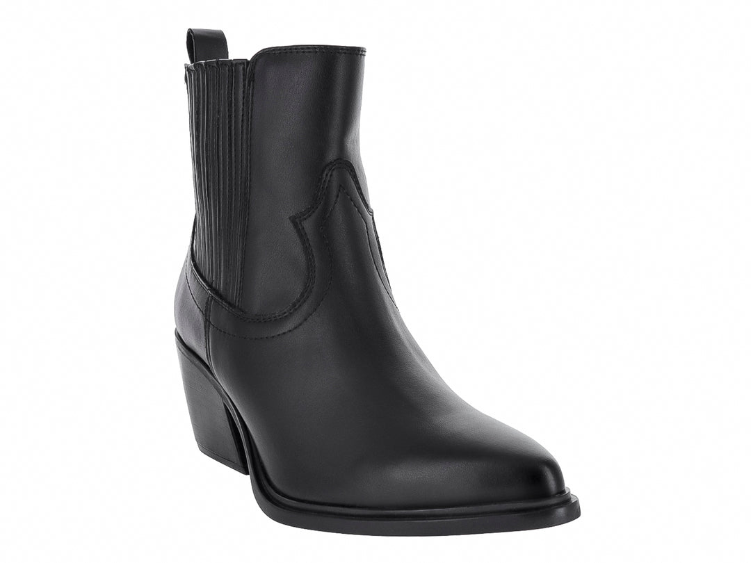 Botín negro de cuero con tacón cuadrado y paneles elásticos laterales.