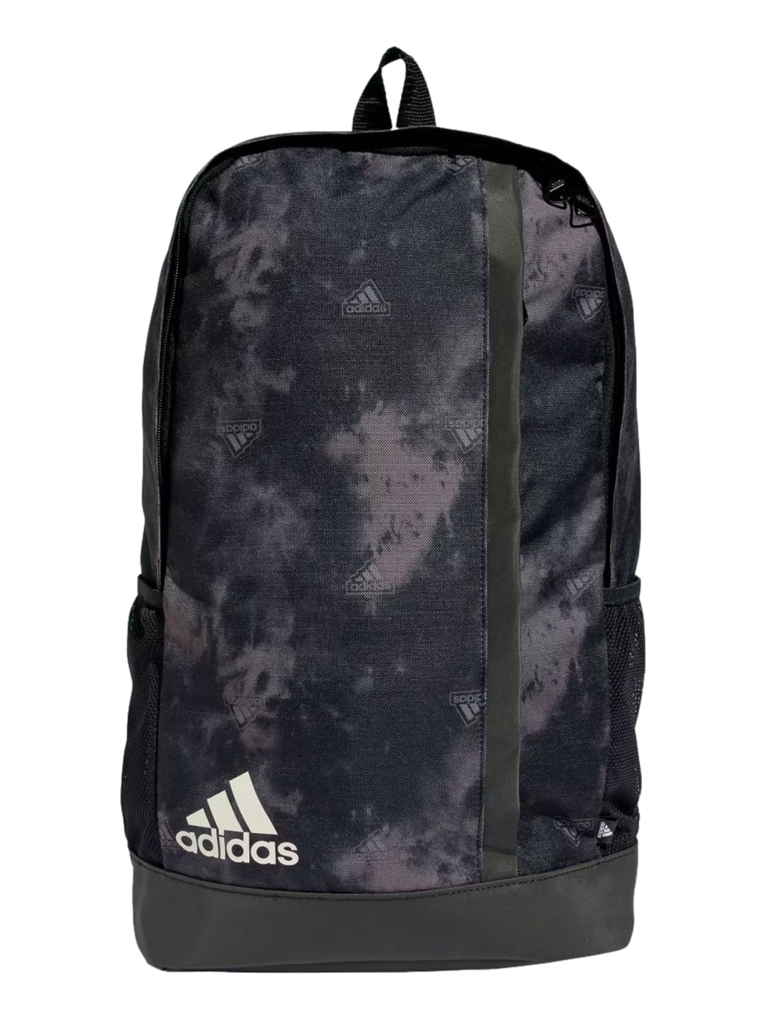 Mochila Adidas en colores negro y gris carbón con estampado gráfico lineal y logotipo blanco en la parte inferior.
