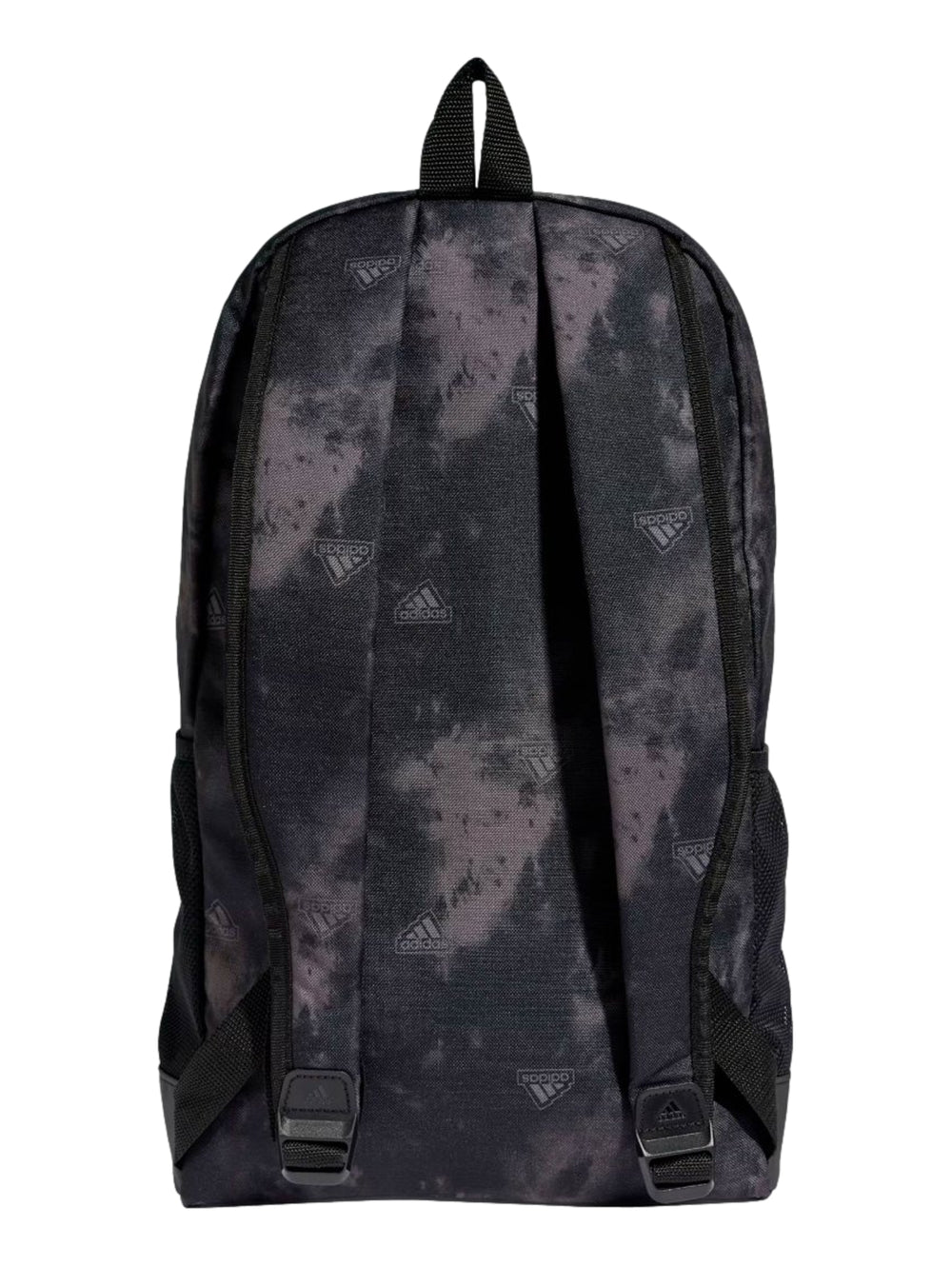 Mochila Adidas en colores negro y gris carbón con estampado gráfico lineal y logotipo blanco en la parte inferior.