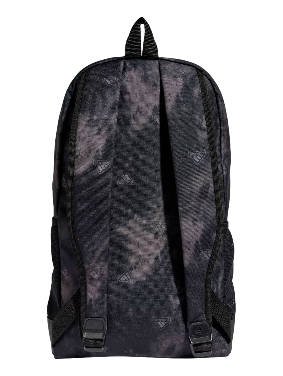 Mochila Adidas en colores negro y gris carbón con estampado gráfico lineal y logotipo blanco en la parte inferior.