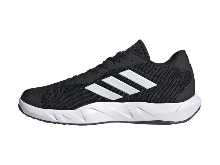 Tenis Adidas Amplimove en color negro con tres franjas blancas laterales y suela blanca.