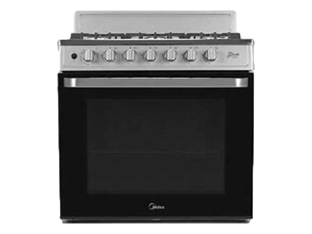 Estufa Midea de acero inoxidable con 6 quemadores y puerta de horno en color negro.