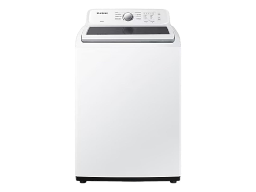 Lavadora Samsung de carga superior en color blanco con panel de control superior.