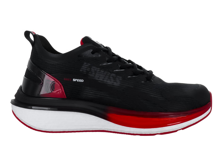 Tenis deportivos K-Swiss color negro con suela blanca y detalles en rojo.