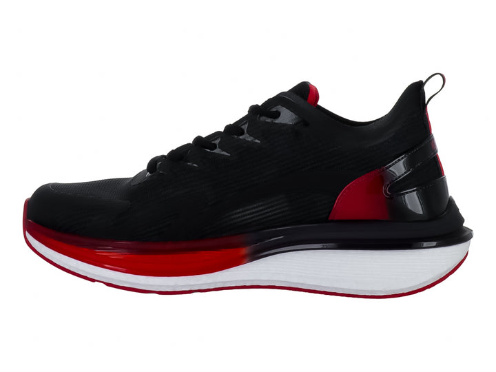 Tenis deportivos K-Swiss color negro con suela blanca y detalles en rojo.