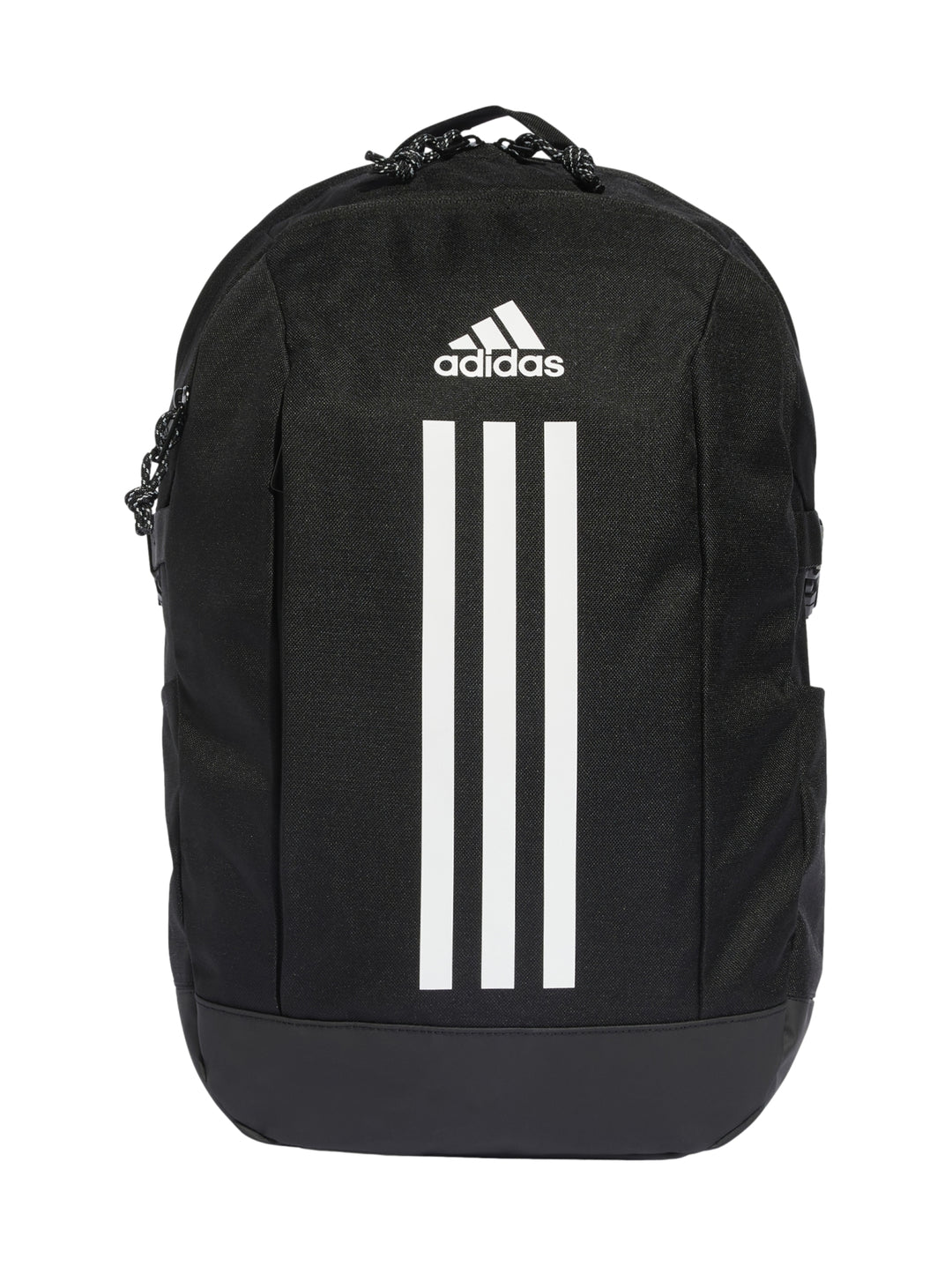 Mochila Adidas color negro con tres franjas blancas verticales y logotipo blanco en la parte superior.