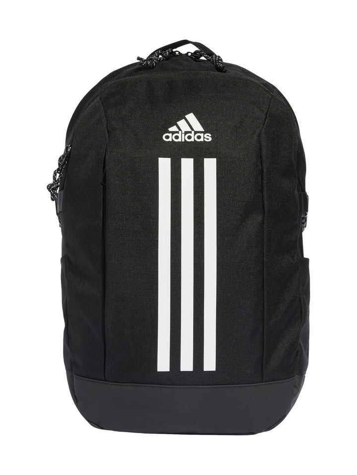 Mochila Adidas color negro con tres franjas blancas verticales y logotipo blanco en la parte superior.
