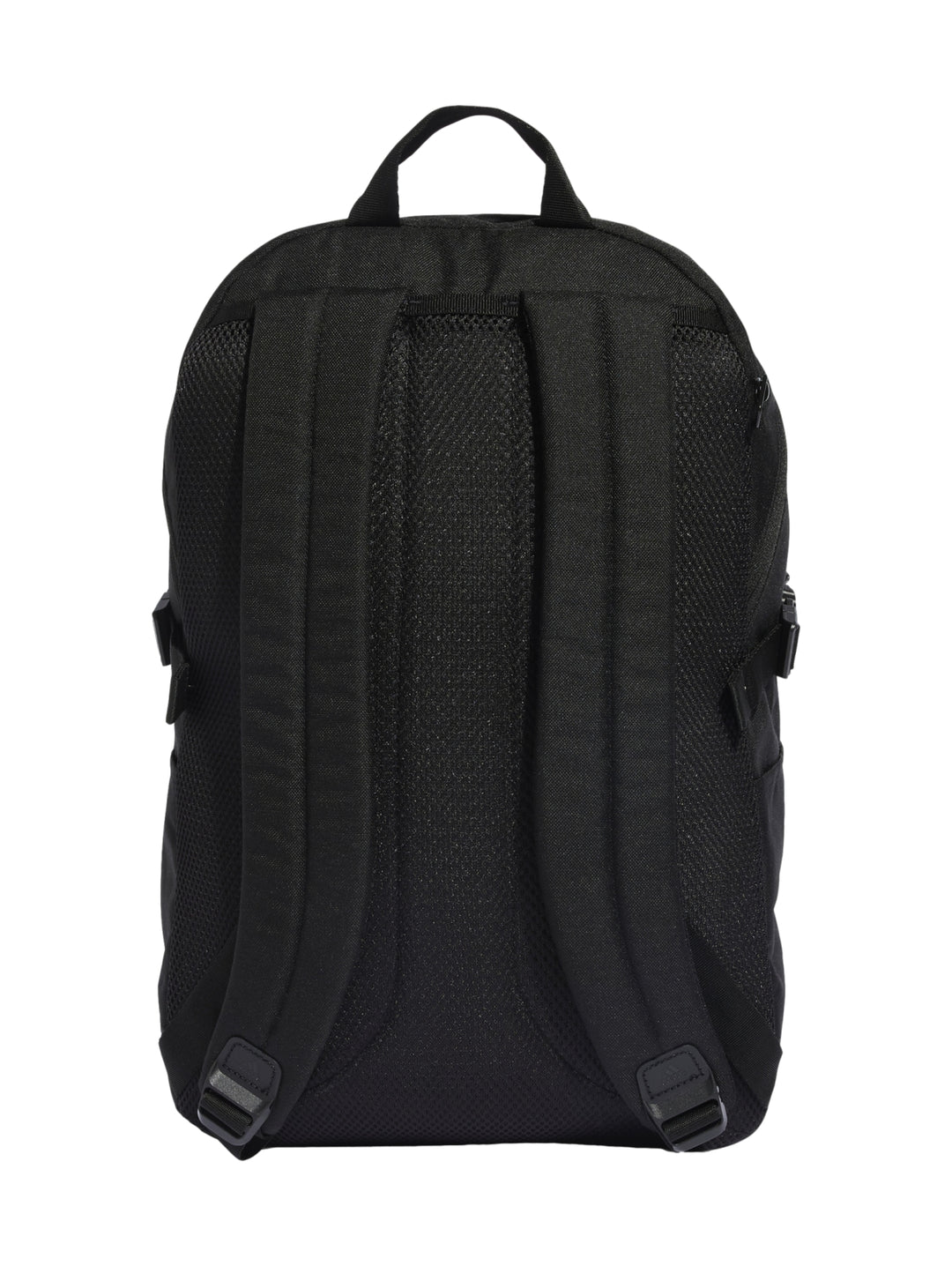 Mochila Adidas color negro con tres franjas blancas verticales y logotipo blanco en la parte superior.