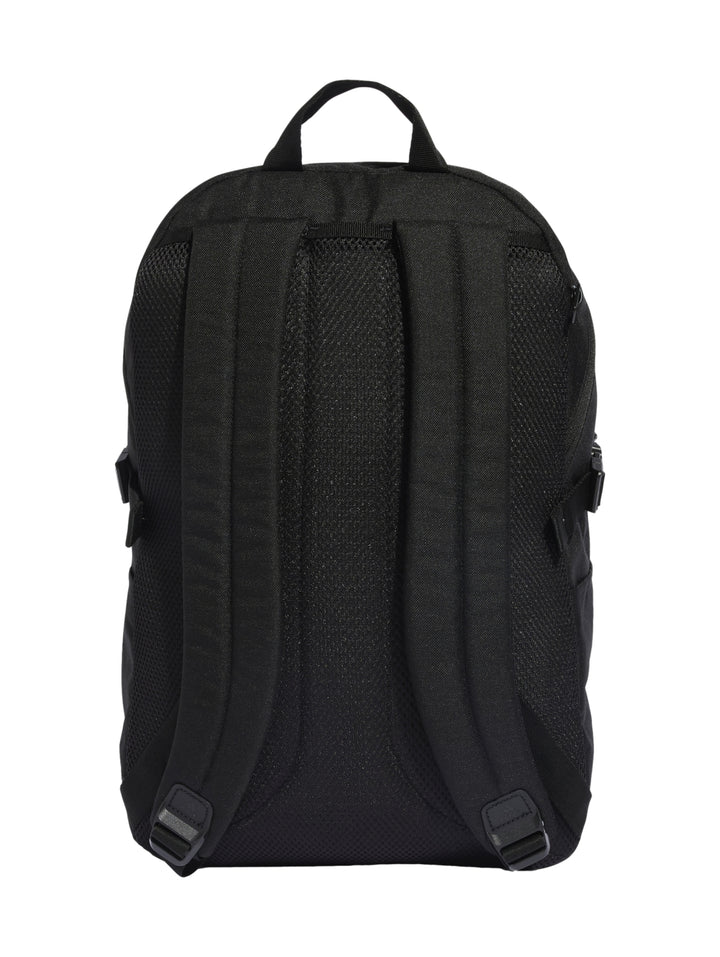 Mochila Adidas color negro con tres franjas blancas verticales y logotipo blanco en la parte superior.