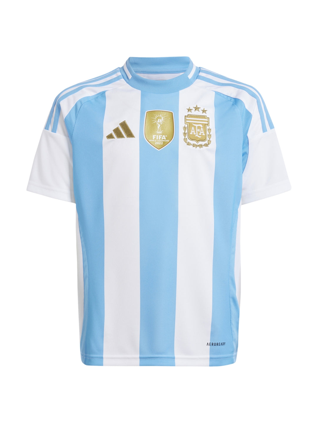 Jersey de fútbol de Argentina con rayas verticales blancas y azul claro y detalles dorados.