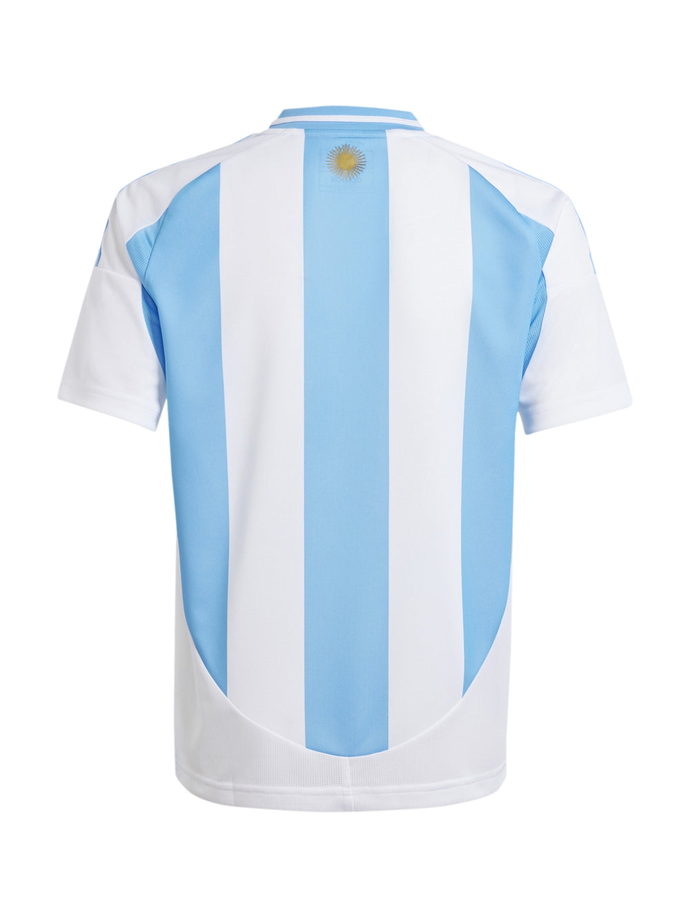 Jersey de fútbol de Argentina con rayas verticales blancas y azul claro y detalles dorados.