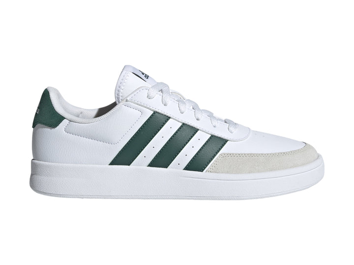 Tenis Adidas Breaknet 2.0 color blanco con franjas verdes y punta gris.