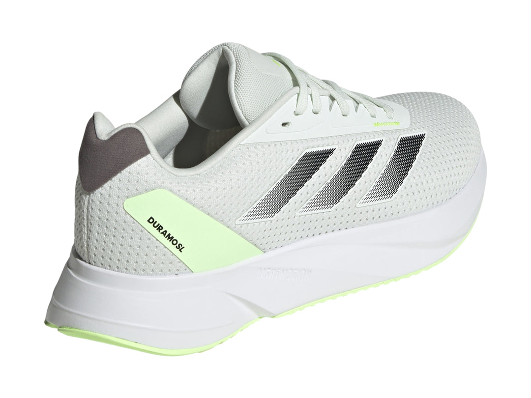 Tenis deportivos Adidas Duramo SL color Crystal Jade con suela blanca y franjas grises.