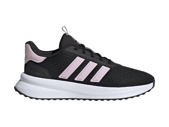 Tenis deportivos Adidas en color negro con franjas y detalles en rosa y suela blanca.