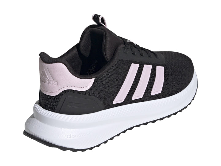 Tenis deportivos Adidas en color negro con franjas y detalles en rosa y suela blanca.