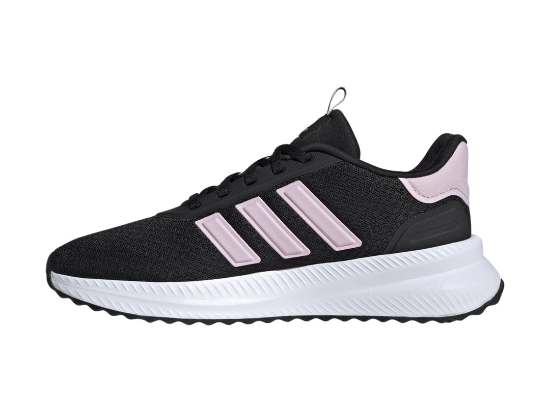 Tenis deportivos Adidas en color negro con franjas y detalles en rosa y suela blanca.
