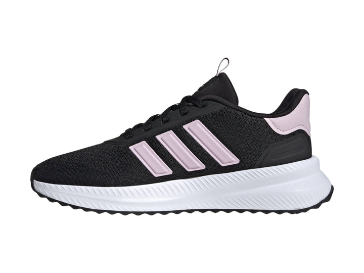 Tenis deportivos Adidas en color negro con franjas y detalles en rosa y suela blanca.
