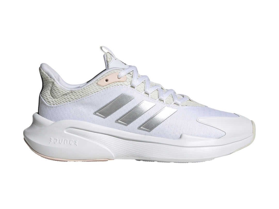 Tenis Adidas Alphaedge + 22 en color blanco con franjas plateadas y detalles en rosa pálido.