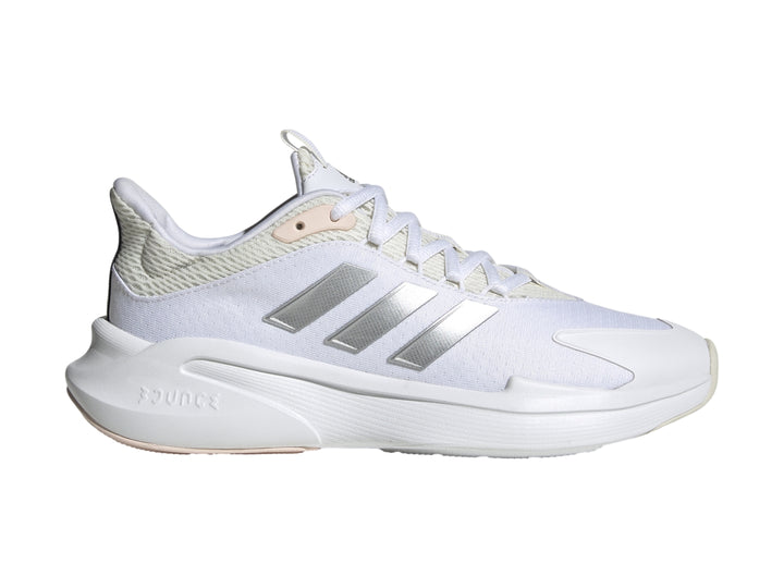 Tenis Adidas Alphaedge + 22 en color blanco con franjas plateadas y detalles en rosa pálido.