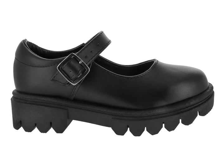 Zapato infantil estilo Mary Jane color negro con suela track gruesa y correa con hebilla plateada.