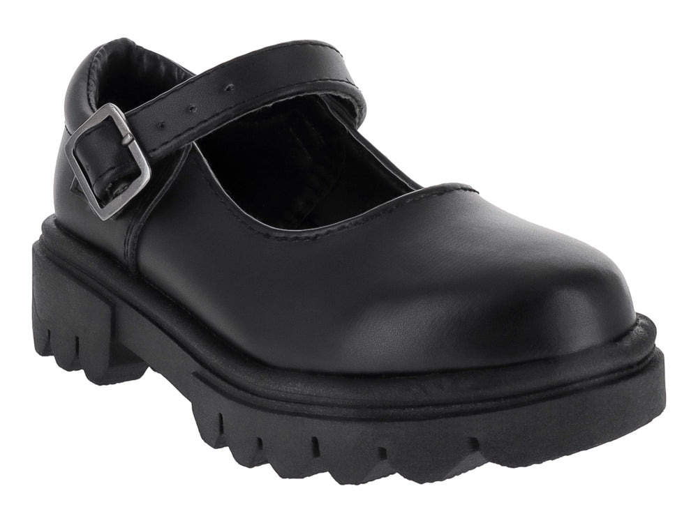 Zapato infantil estilo Mary Jane color negro con suela track gruesa y correa con hebilla plateada.