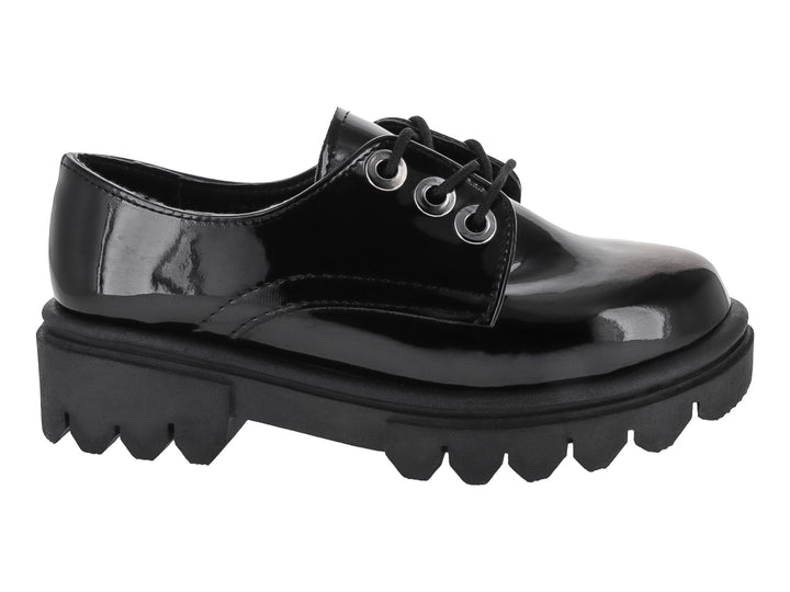 Zapato Oxford de charol negro con suela de plataforma gruesa y dentada para Mujer.