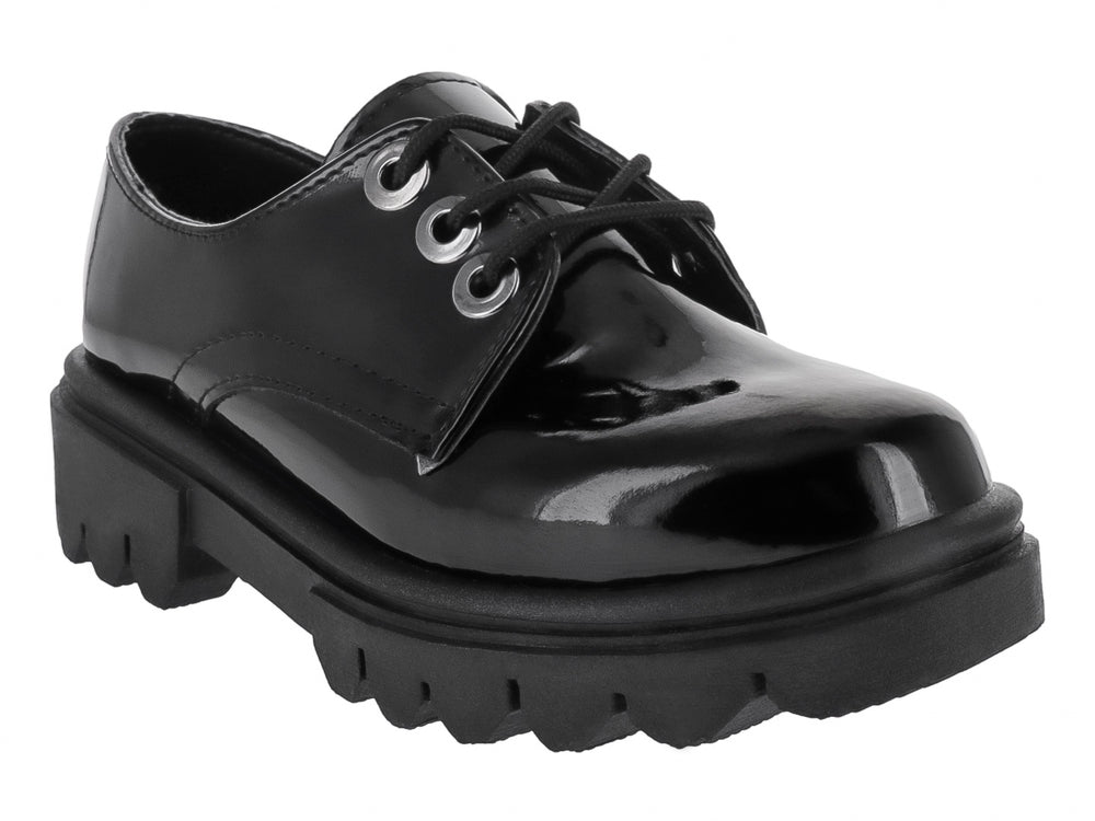 Zapato Oxford de charol negro con suela de plataforma gruesa y dentada para Mujer.