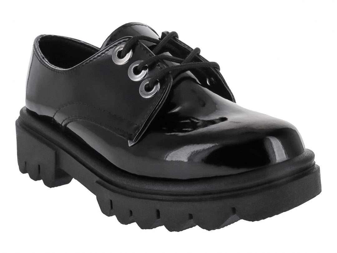 Zapato Oxford de charol negro con suela de plataforma gruesa y dentada para Mujer.