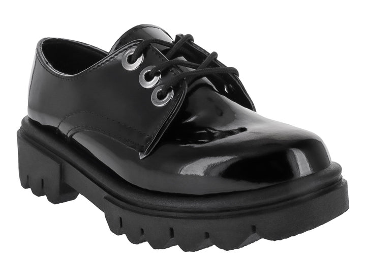 Zapato Oxford de charol negro con suela de plataforma gruesa y dentada para Mujer.