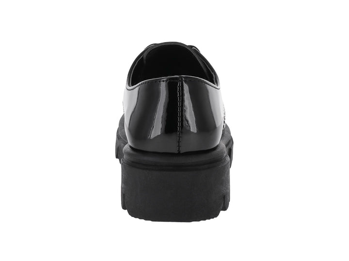 Zapato Oxford de charol negro con suela de plataforma gruesa y dentada para Mujer.