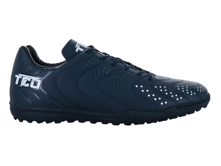 Zapato de fútbol Leon Trucco color azul marino con detalles en blanco y suela para césped sintético.